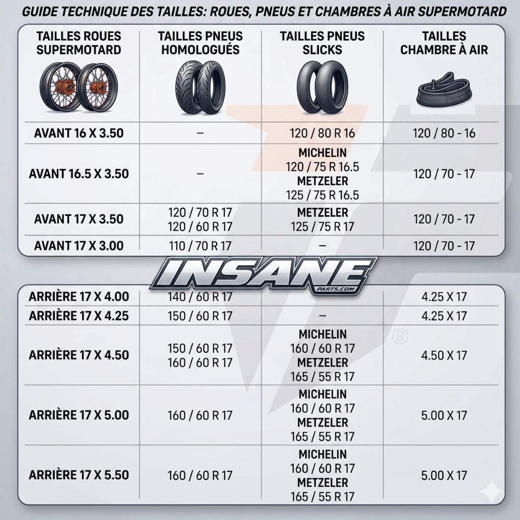 Tableau de correspondance tailles pneus et jantes Supermotard par Insane-Parts
